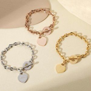 Titanium Toggle Clasp Heart Charm Bracelet - Gold Bracelet - Love Bracelet